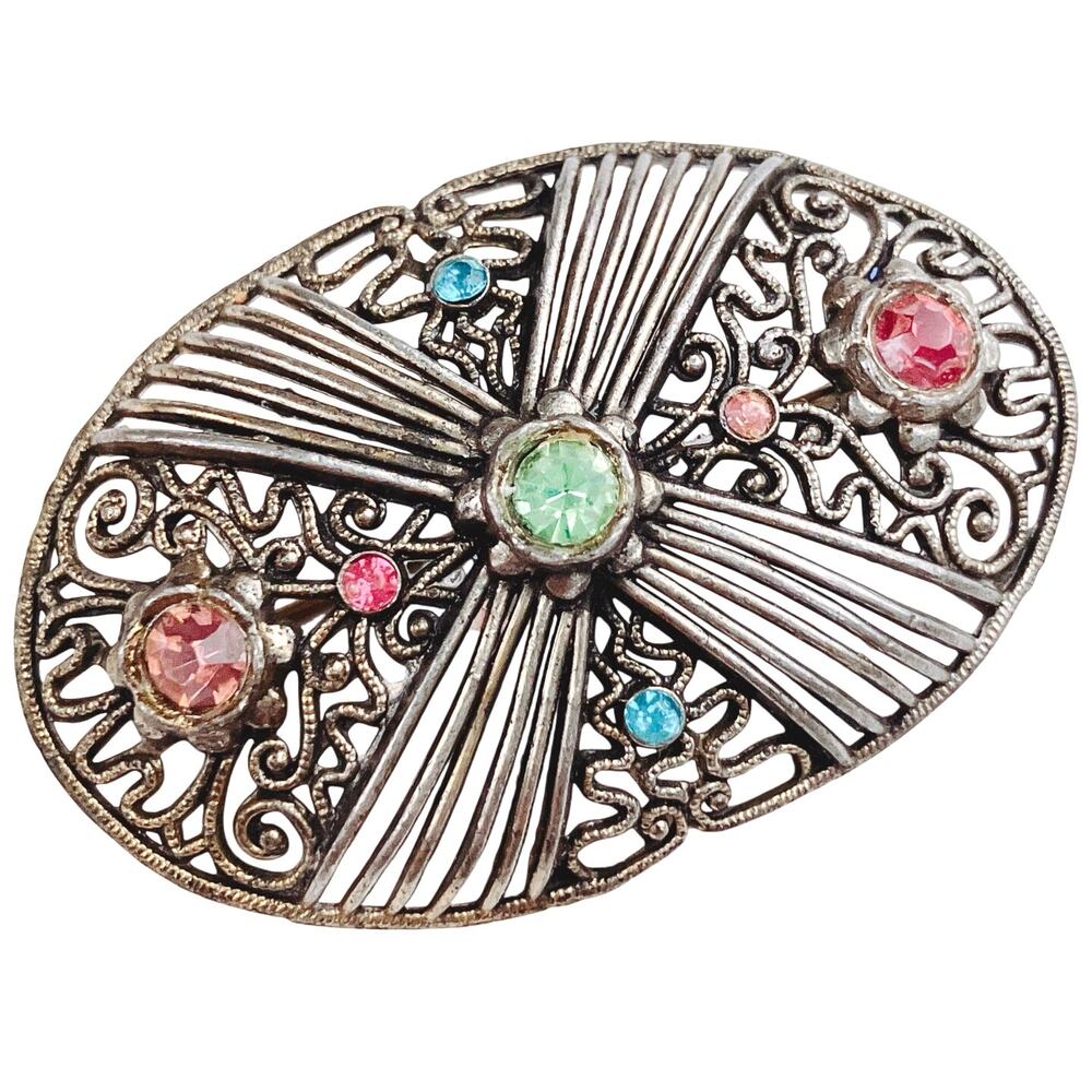 Antique Edwardian Uranium Glass Brooch Filigree 1910s Art Deco Transition VTG